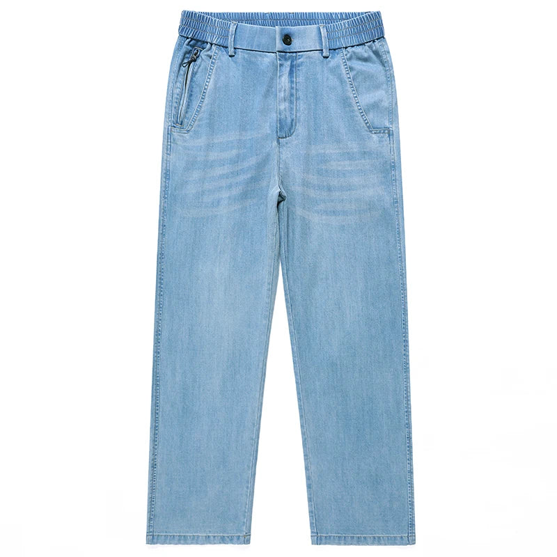 Spring & Summer Essential! Men's Tencel Jeans, Thin Ice - Silk Fabric, High - Street Loose Straight Cut, Drapey, Elastic Waist w