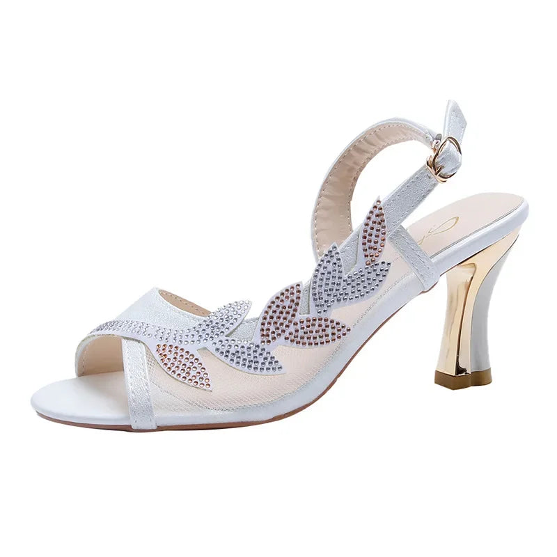 Women's Rhinestones Mesh High Heel Sandals Summer New Fashion Korean Style Peep Toe Buckle Strap Slingback Shoes Sandalias Mujer