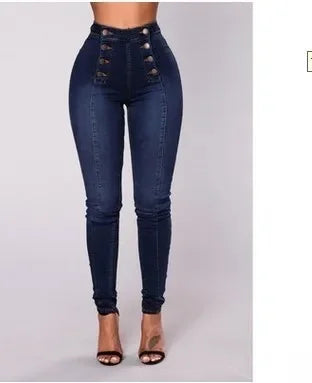 High Waist Casual Denim Pants Women's Elastic Multi-Buckle Trendy Double-Row Jeans Long Trousers Comfortable Stretchy Ladies