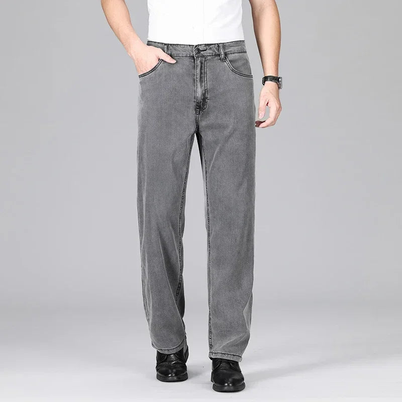 2024 New In Lyocell Summer Thin Jeans Men's  Loose Straight Casual Stretch Business Large Size Male Pants Solid Color