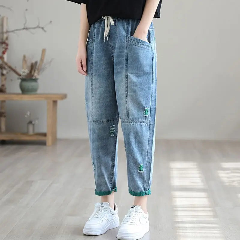 Retro Distressed Cropped Jeans Women Spring Summer Loose Slimming Elastic Waist Casual Harem Pants Thin Summer