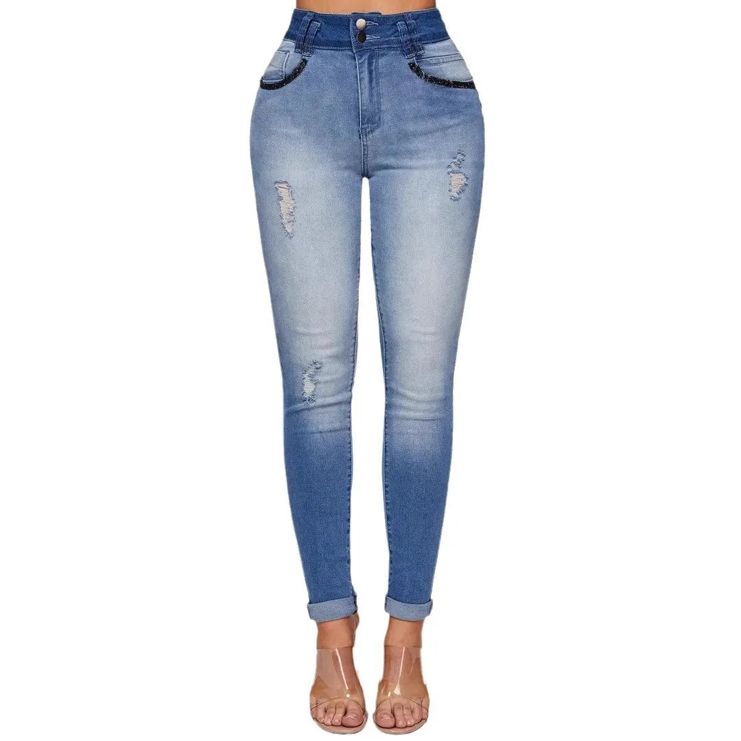 Elastic, Slimming, Hip-lifting High-waisted Jeans. Four Seasons New Fashionable Gradient Casual Ripped Skinny Jeans for Ladies