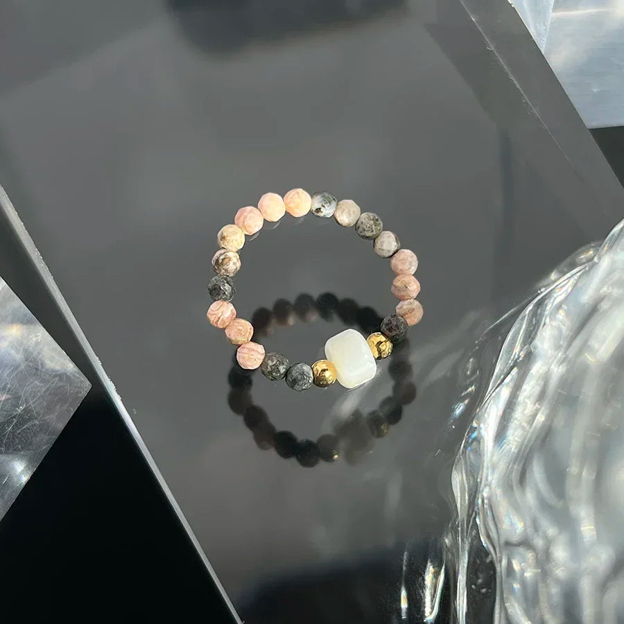 Handmade Facted 3mm Natural Stone Beaded Rings for Women Girls Fashion Jewelry Rhodochrosite Statement Ring Wedding Wholesale
