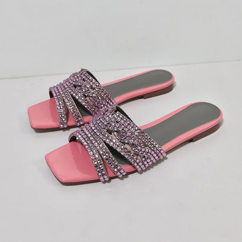 Summer Shiny Rhinestone Decor Flat Slippers Women's Square Toe Hallow Outs Casual Sandals Outdoor Vacation Beach Shoes 2025