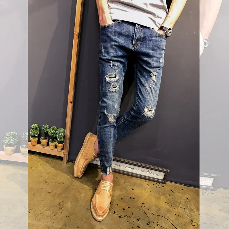 Wholesale 2022 Teenagers Denim Pants Beggar Men\'s Slim-fit Small Feet Frayed Jeans Male Stretch Social Spirit Guy Pencil Pants