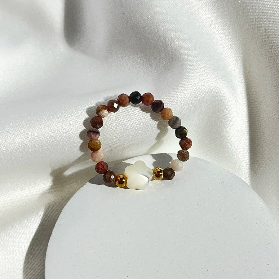 Handmade Facted 3mm Natural Stone Beaded Rings for Women Girls Fashion Jewelry Rhodochrosite Statement Ring Wedding Wholesale