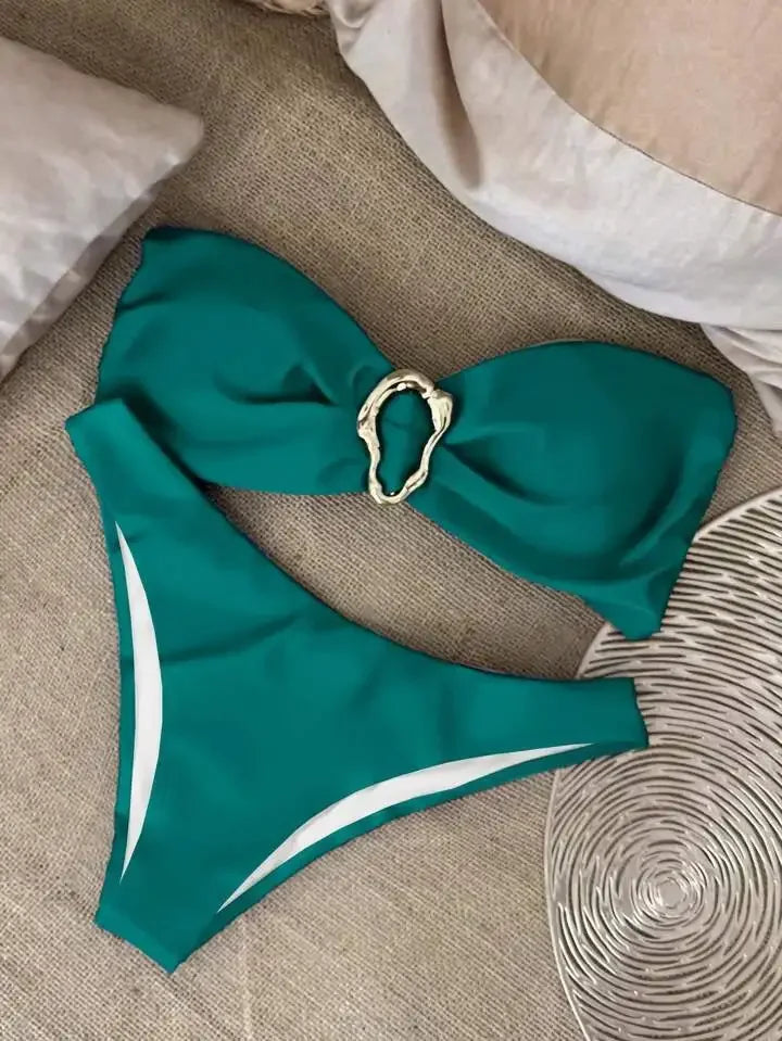 New Summer Swimwear Bikini Set Sexy Solid Strapless Bikini 2 Piece Set Women Split Swimsuit Low Waist Beach Bikini