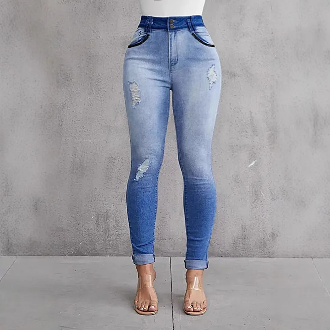 Elastic, Slimming, Hip-lifting High-waisted Jeans. Four Seasons New Fashionable Gradient Casual Ripped Skinny Jeans for Ladies