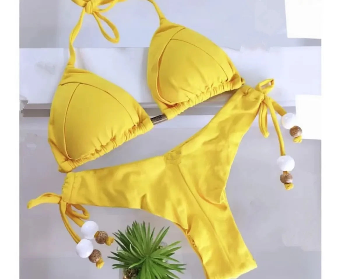 sexy women bikini, brazilian triangle bikini, push-up swimsuit, metal chain beach bikini