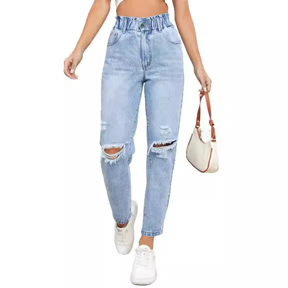 Japan and South Korea Casual Washed Ripped Jeans for Women Spring and Summer New Fashion Straight Nine Minutes of Pants Women