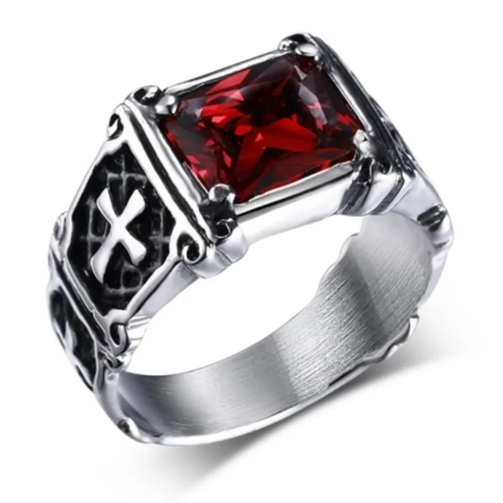 New Fashion Creative Trend Delicate Compact Red Gemstone Cross Pattern Ring Retro Men's Street Party Niche Ring Gift Jewellery