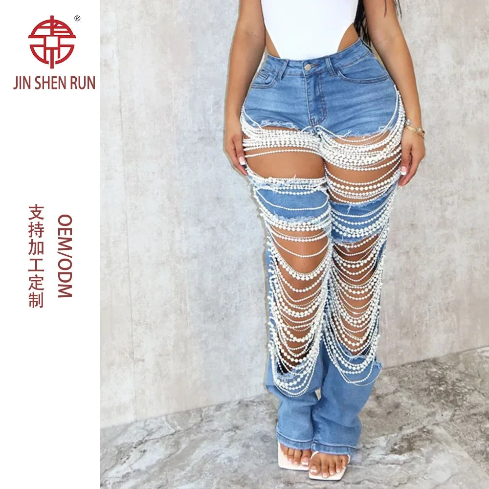 Spice Girl Summer Pants Ripped Heavy Industry Beaded Elastic Trousers Fashion Personality Jeans