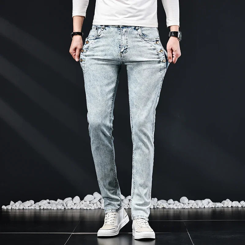 Slim Skinny Jeans Men New Elastic Korean Design Fashion Multi-Button Blue White Vintage Wash Cotton Stretch Denim Pants Trousers
