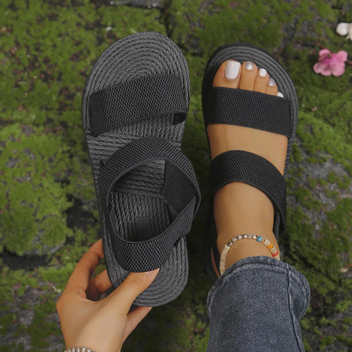 1pair Women's Minimalist Wedge Sandals Open Toe Thick Soled Platform Casual Sandals Ankle Strap Slingback Sandalias Solid Color
