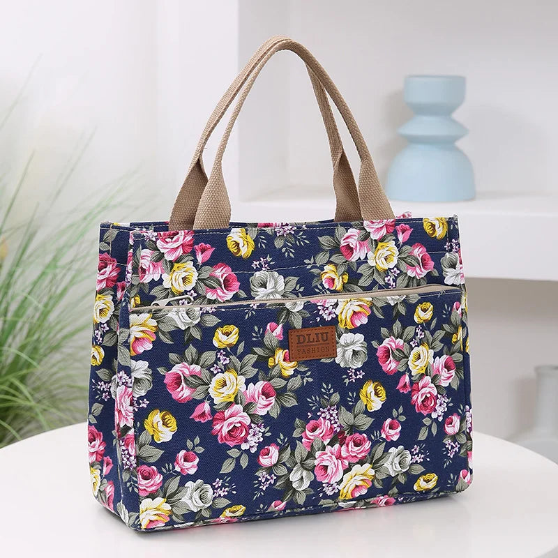 Fashion Floral Print Tote Bag, Portable Canvas Lunch Bag, Women's Casual Handbag & Bento Mommy Bag For Picnic Travel