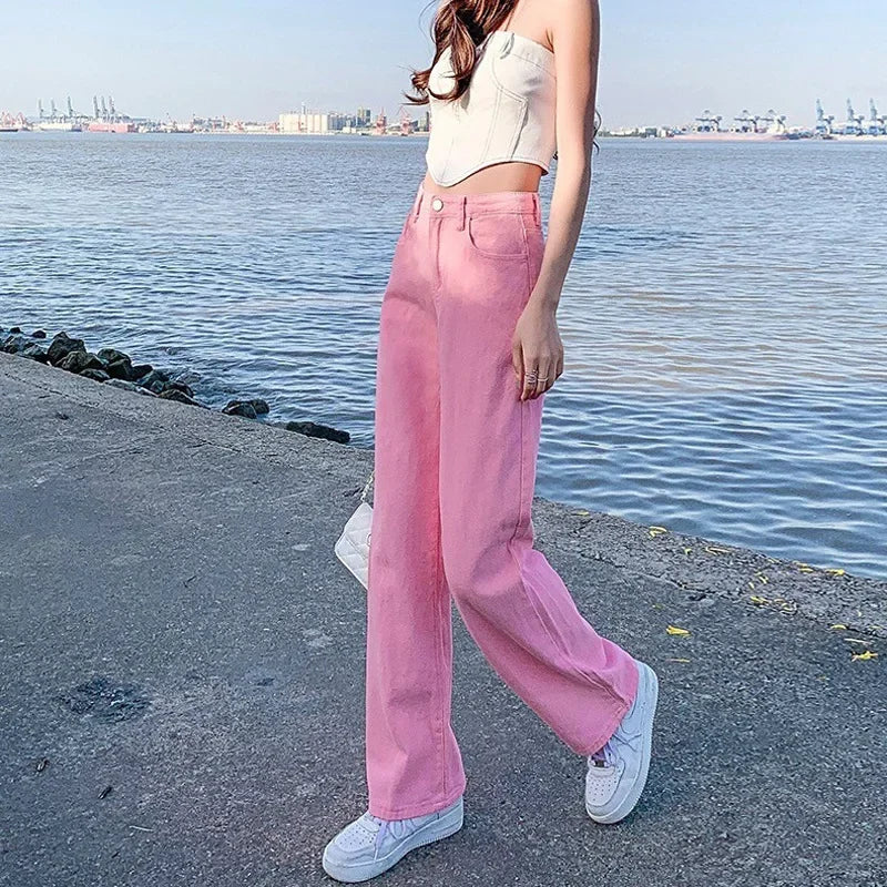 Loose Wide Leg Jeans Women's New Style Pink High Waist Slimming Floor Length Vibe Wind Summer Jeans Casual Comfortable Fit