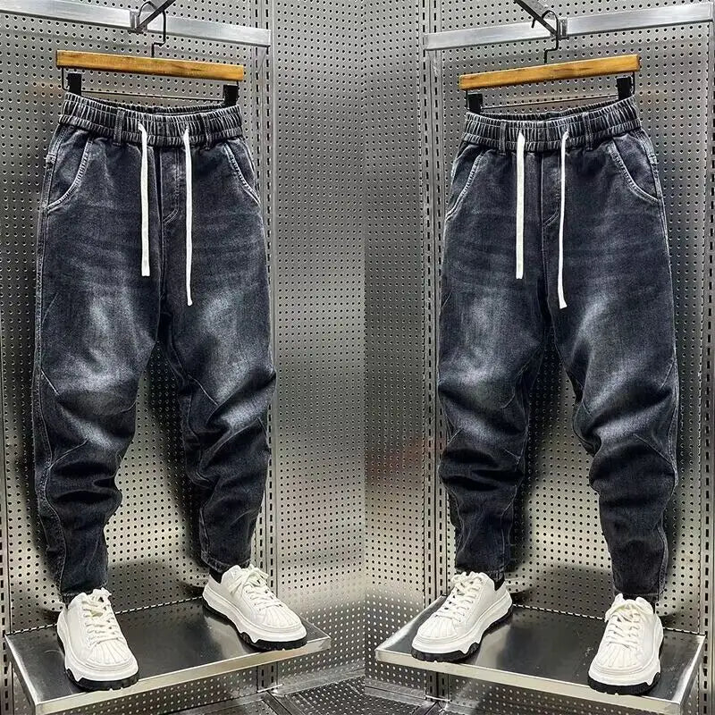 High Quality New 2024 Luxury Designer Casual Loose Drawstring Denim Jeans Men Full Length Wide Leg Streetwear Cowboy Harem Pants