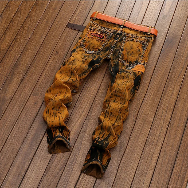 Autumn New Vintage Jeans Men's Ripped Straight Slim-fit Jeans Patchwork Personalized Distressed Hip-hop Streetwear Man Clothes
