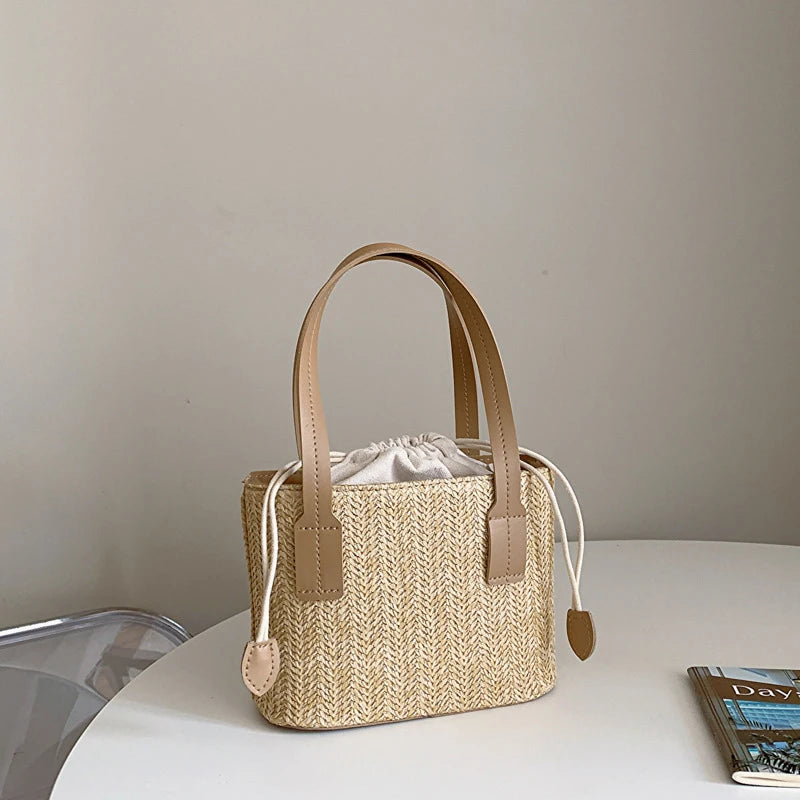 Women's Leisure Grass Woven Handbag Drawstring Bucket Shoulder Crossbody Bag FemaleTravel Bohemian Vacation Beach Bag