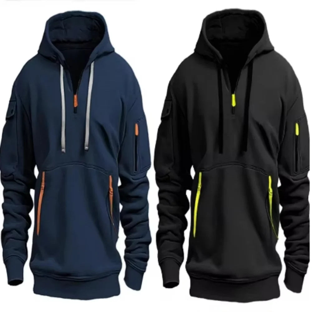 New autumn and winter high-value hoodie with warm and unique solid color pockets, men's hooded zipper sports casual top