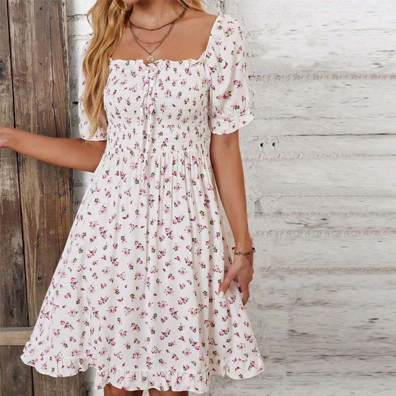 Women Print Square Neck Dress Fashion Ruffled Floral Smocked Dresses For Spring Summer Casual Dress