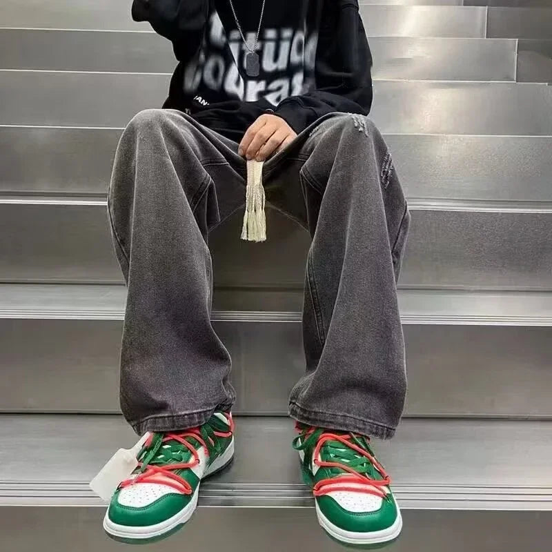 Men's Fashion Versatile Wide Leg Denim Pants Korean Concise Style Streetwear Trousers Lace Up Design Straight Casual Jeans Male