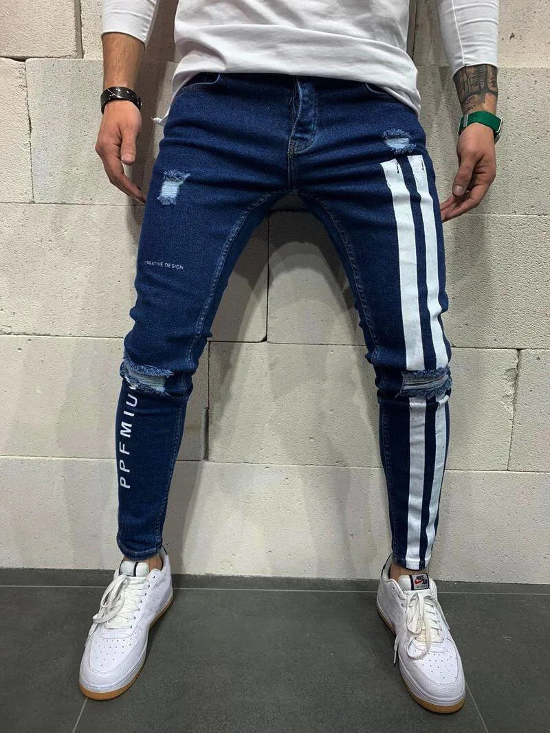 Mens Distressed Pleated Knee Patch Painted Stretch Skinny Jeans Ripped Denim Pants Brand Hip Hop Black Casual Trousers for men