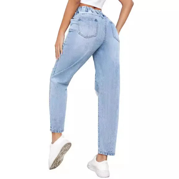 Japan and South Korea Casual Washed Ripped Jeans for Women Spring and Summer New Fashion Straight Nine Minutes of Pants Women