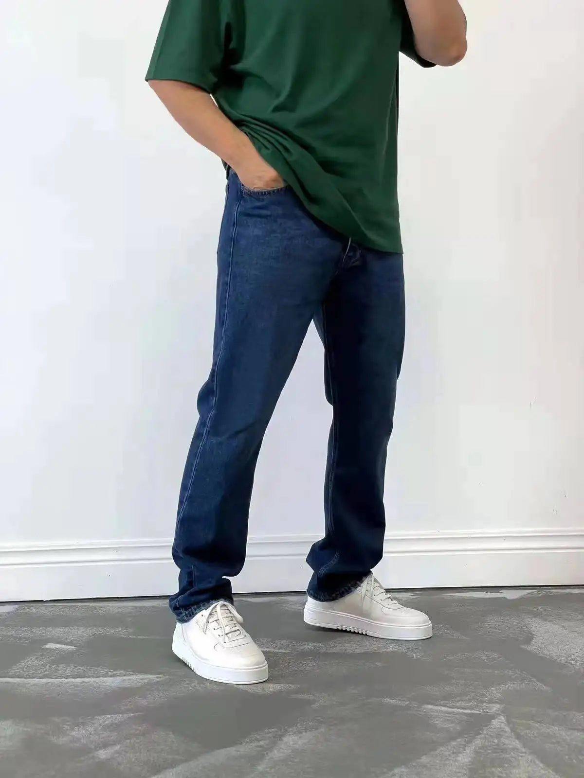 Men Comfortable Straight Casual Jeans Male Soft Baggy Outside Denim Pants Classic Elastic Waist Solid Office Work Denim Trousers