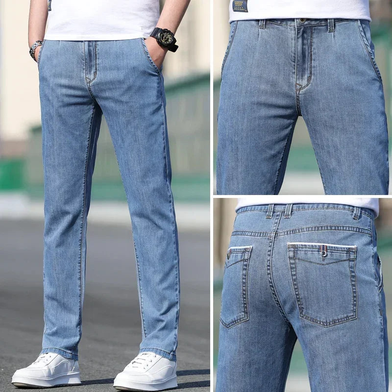 Thin Men's Baggy Soft Casual Jeans Gray Summer Fashion Versatile Comfortable Stretch Straight Casual Jeans Light Blue Male