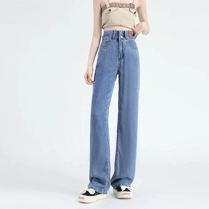 Lyocell Jeans Summer Thin High Waisted Wide Pants Korean Stretch Women Jeans Fashion Street Straight Denim Trousers Baggy Jeans