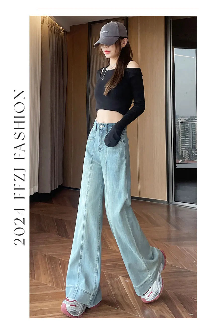 Women's Four Seasons New Fashion Loose Denim Wide-leg Pants, Casual Temperament High-waisted Straight Leg Floor-length Jeans