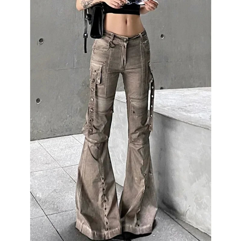 American Style Brown Workwear Jeans Women's Streetwear Slim Fit Micro Flared Slimming Pocket Trousers For Women