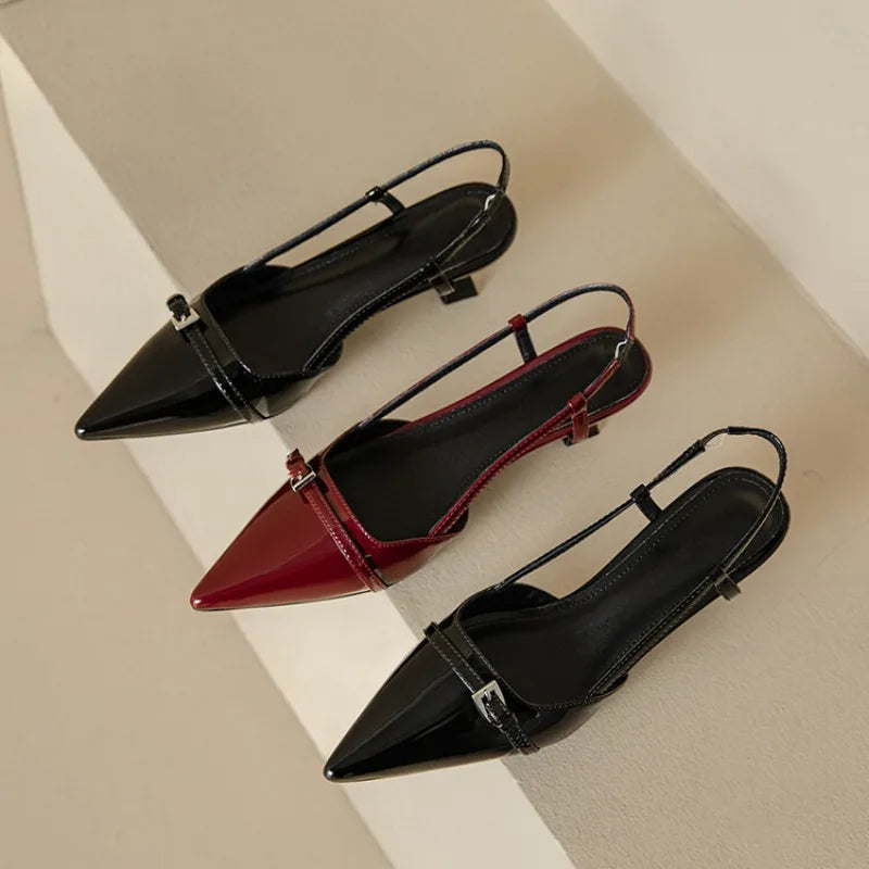 New Summer Women's Dress Shoes Patent Leather Slip on Pointed Toe Sandals Buckle Slingbacks Mid Heels Pumps Sandalias Mujer