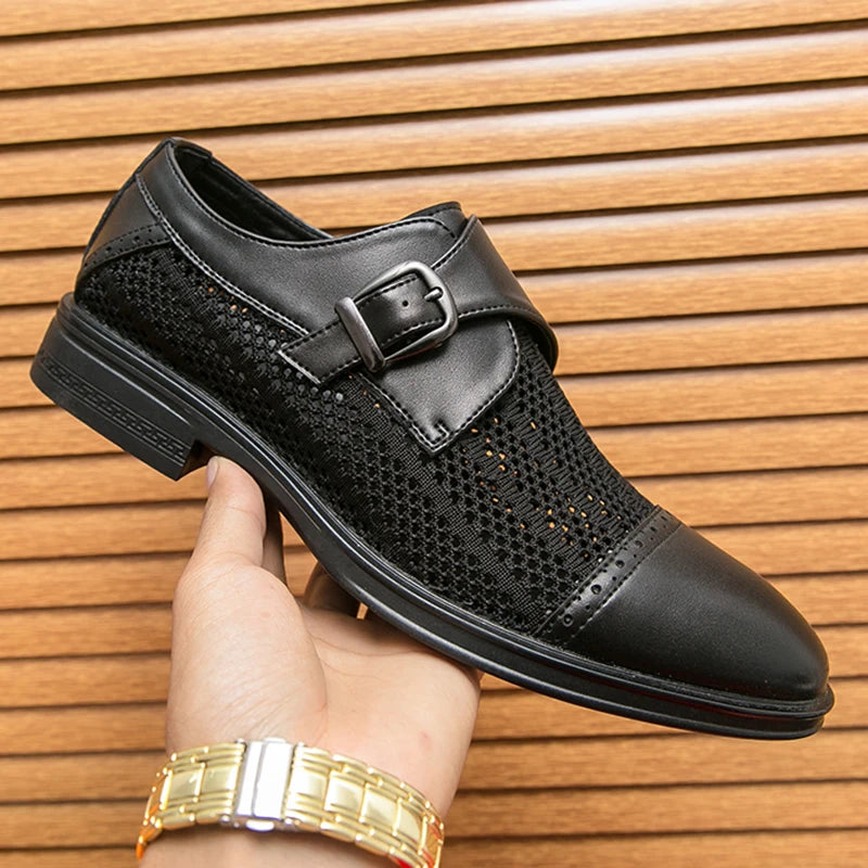 New Designer Men's Breathable Mesh Patchwork Patent Leather Shoes Male Summer Formal Wedding Dress Homecoming Monk Strap Loafers