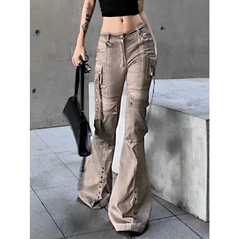American Style Brown Workwear Jeans Women's Streetwear Slim Fit Micro Flared Slimming Pocket Trousers For Women