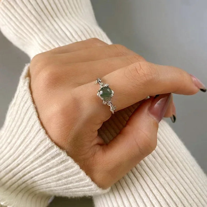 925 Silver Green Moss Ring with Water Grass Agate Stone Unique Elegant European American Style Jewelry Accessory