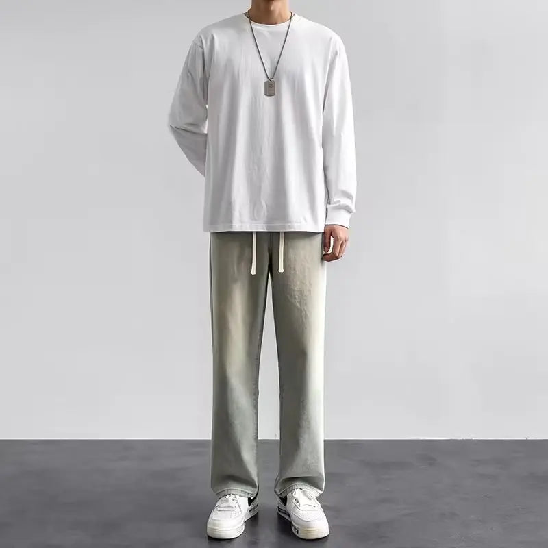Korean Solid Colors Men's Casual Long Jeans Classic Man Four Seasons Straight Denim Wide-leg Pants Light Blue Grey Black S-3XL