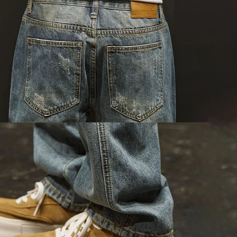 Korean Version Ripped Jeans Men'S Autumn New Retro Casual Pants High Street Loose Straight Leg Pants