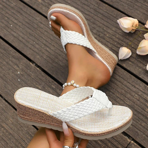 Fashion Woven Band Wedge Flip Flops for Women Summer Thick Sole Beach Slippers Woman Lightweight Comfort Clip Toe Sandals Female