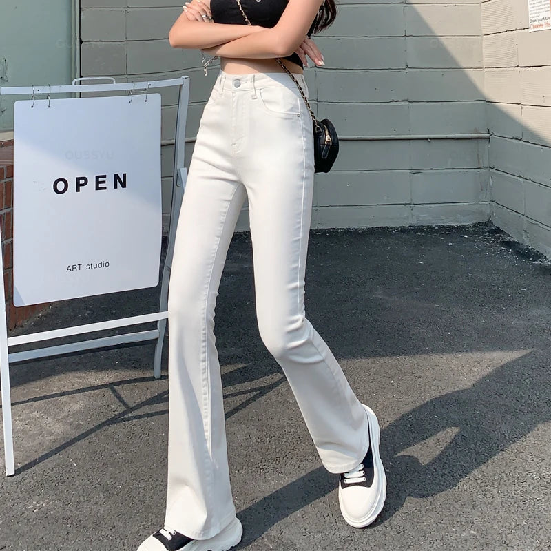 Flared Jeans Woman High Waist Denim Trousers For Female Blue White Black Elastic Skinny Fashion Classic Leisure Wide Leg Pants