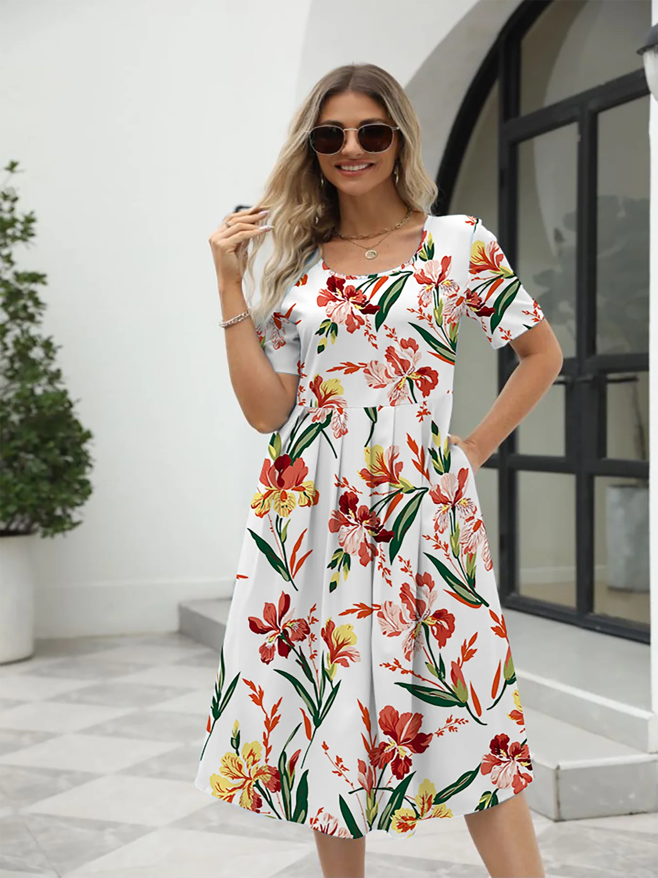 2025 summer new! Ladies fashion elegant printed crew neck short sleeve zipper dress for EU-USA summer