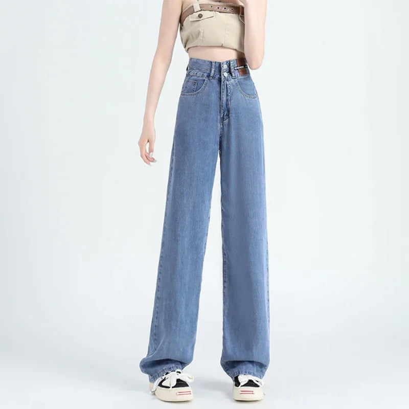 Lyocell Jeans Summer Thin High Waisted Wide Pants Korean Stretch Women Jeans Fashion Street Straight Denim Trousers Baggy Jeans