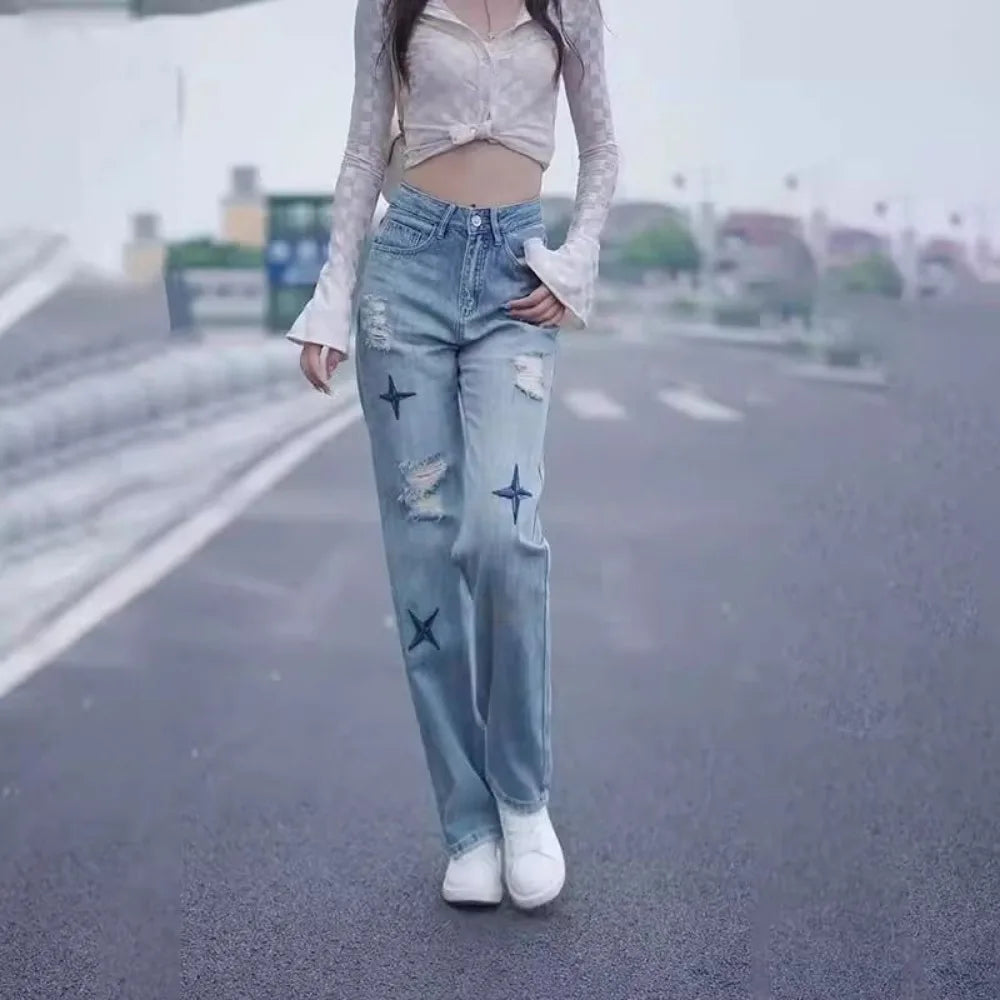 With Holes Trousers Embroidered Cowboy Pants for Woman Straight Leg High Waist Shot Women's Torn Jeans Cheap Japanese Y2k Summer