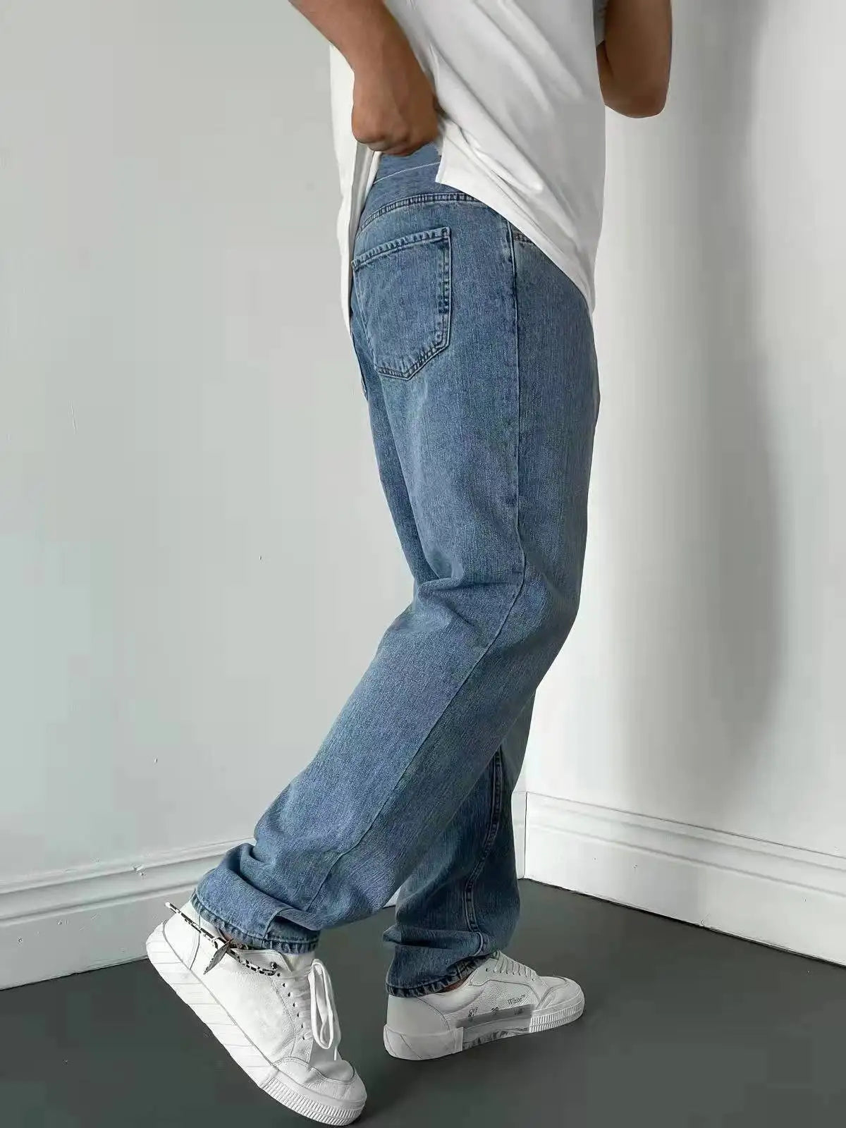 Men Comfortable Straight Casual Jeans Male Soft Baggy Outside Denim Pants Classic Elastic Waist Solid Office Work Denim Trousers