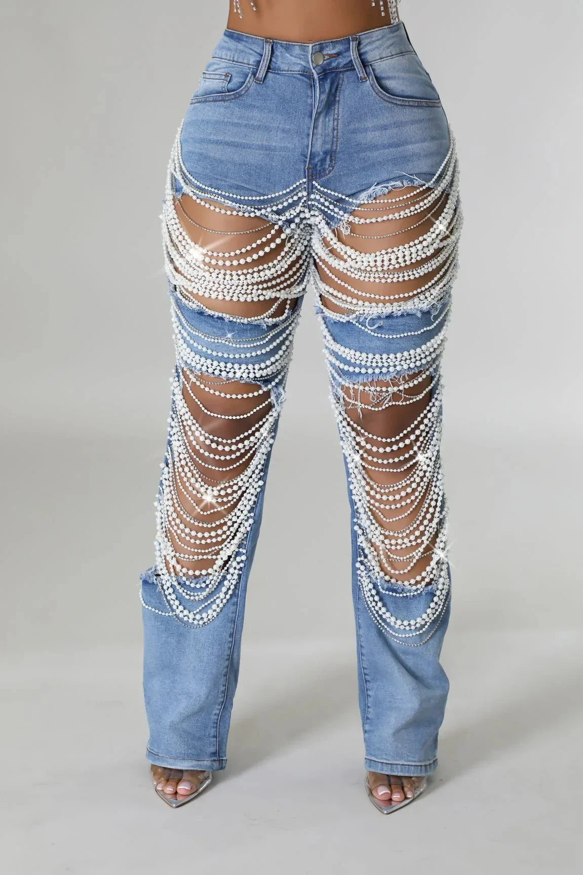 Spice Girl Summer Pants Ripped Heavy Industry Beaded Elastic Trousers Fashion Personality Jeans