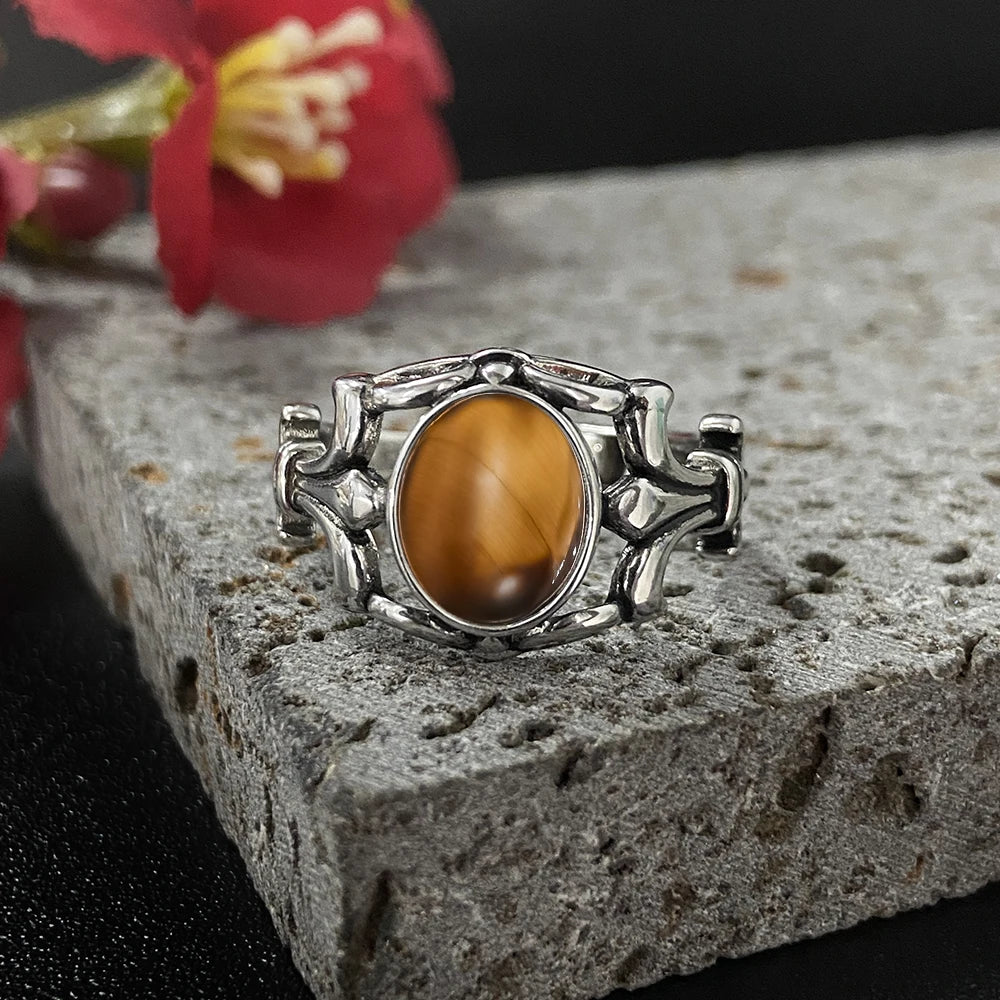 S925 Sterling Sliver Women's Ring with Natural Black Agate Moonstone Stone Hollowed-out 925 Sliver Fine Jewerly Rings for Women