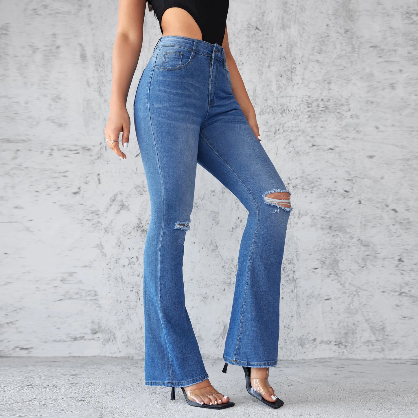 2025 New Slim-fit Washed Ripped Micro-flared Jeans, Women's Four Seasons Fashionable, Comfortable and Elastic High-waisted Jeans