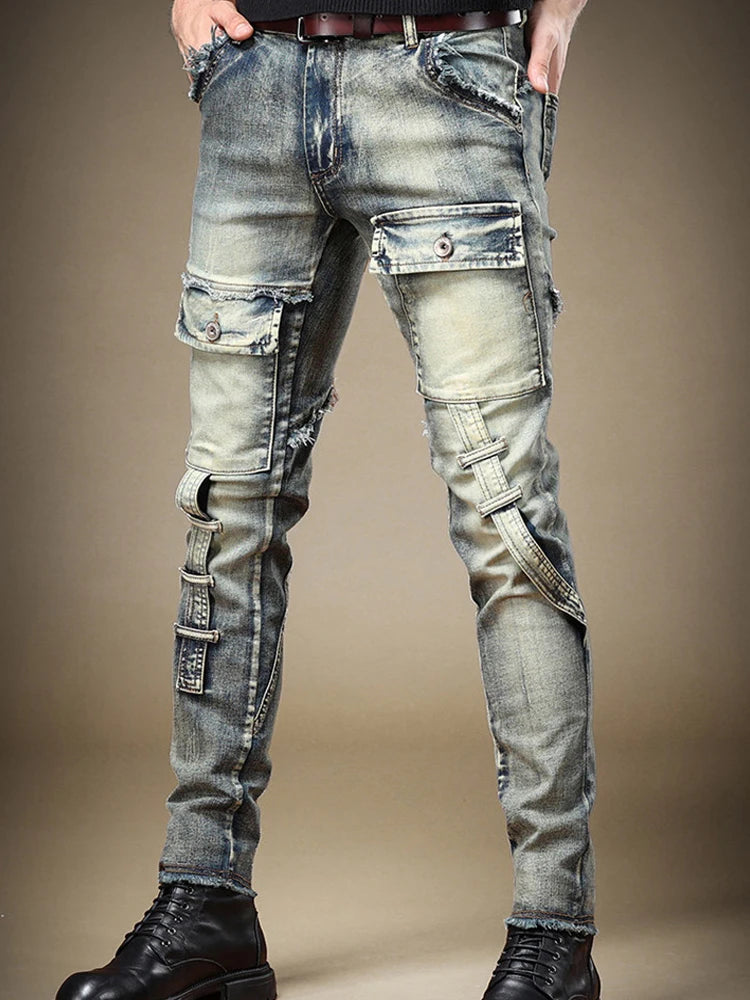 2024 Men's Jeans Stretch Vintage Washing Drak Blue Denim Pants Autumn Summer Luxury Street Hip-Hop Style Slim Fit Men Trousers