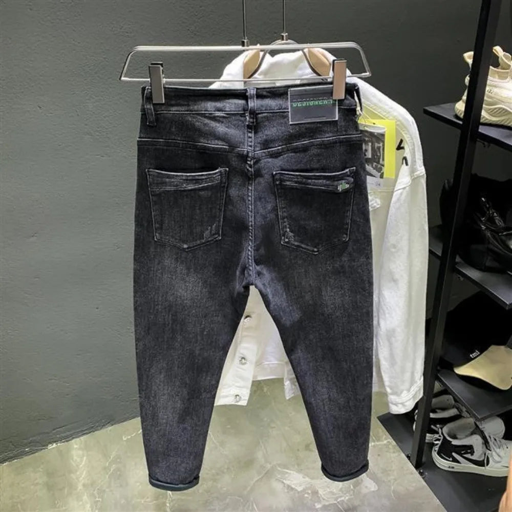 Korean Style Men's Slim Denim with Printed Foot Pattern Spring Autumn Wear Men Trousers Korean Luxury Clothing Streetwear Jeans
